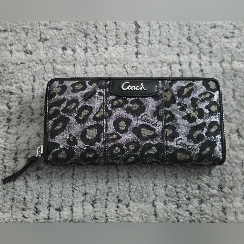 Coach Metallic Leopard Print Zip Wallet in Black and Purple